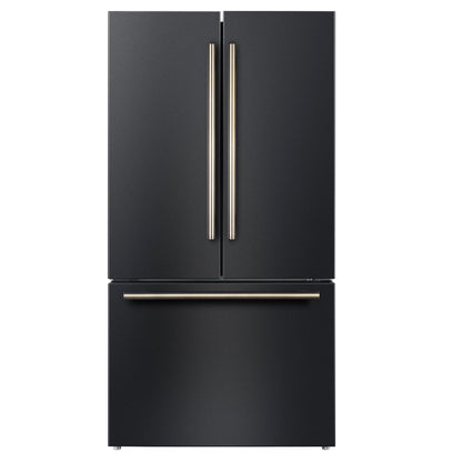 FORNO Rivello 36" French Door Standard Depth Refrigerator with Water and Ice Dispenser in Black with Antique Brass Accents, FFFFD1783-36BLK