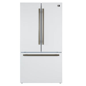 FORNO Rivello 36" French Door Standard Depth Refrigerator with Water and Ice Dispenser in White with Antique Brass Accents, FFFFD1783-36WHT