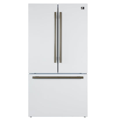 FORNO Rivello 36" French Door Standard Depth Refrigerator with Water and Ice Dispenser in White with Antique Brass Accents, FFFFD1783-36WHT