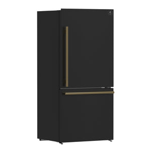 FORNO Espresso Milano 31" 17.2 cu. ft. Right Swing Refrigerator and Bottom Freezer in Black with Antique Brass Handles, FFFFD1785-31BLK