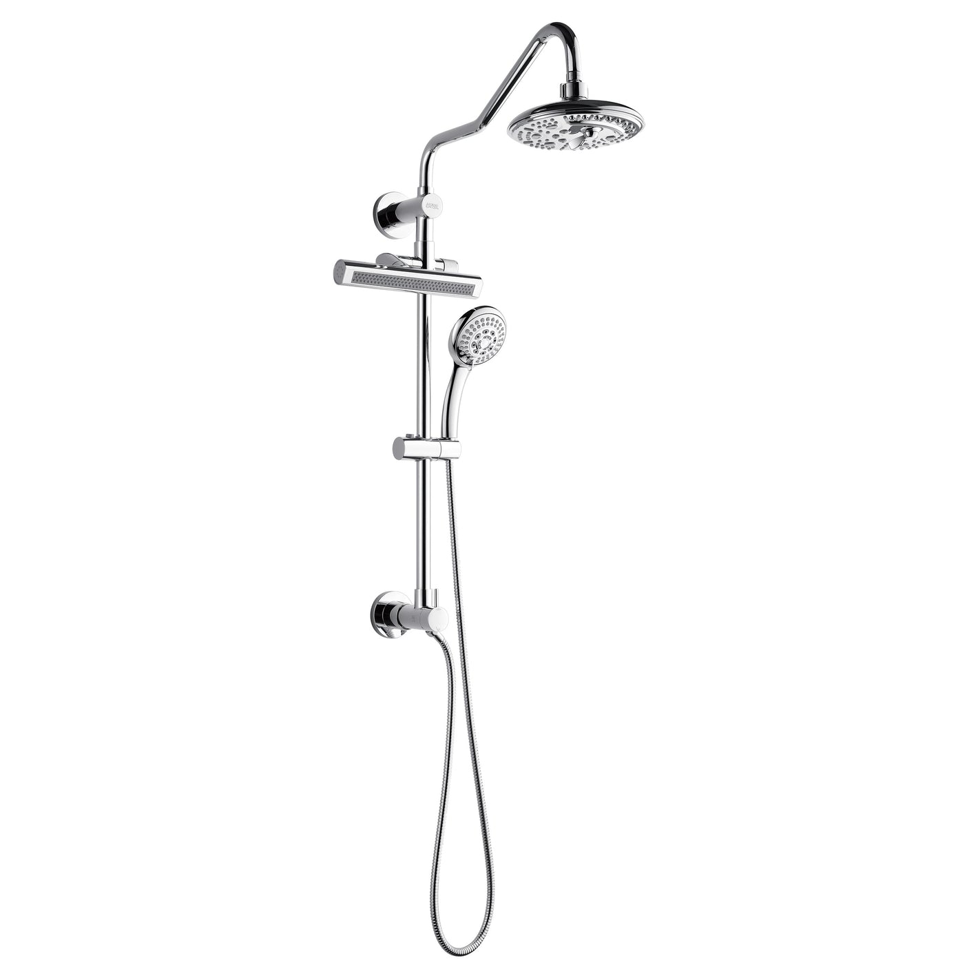 FORNO AcquaFALL Traditional Arm Shower System with 8" 6 Function Rainfall Shower Head, 5-in-1 Handheld Shower and 3 Function Body Jet in Polished Chrome