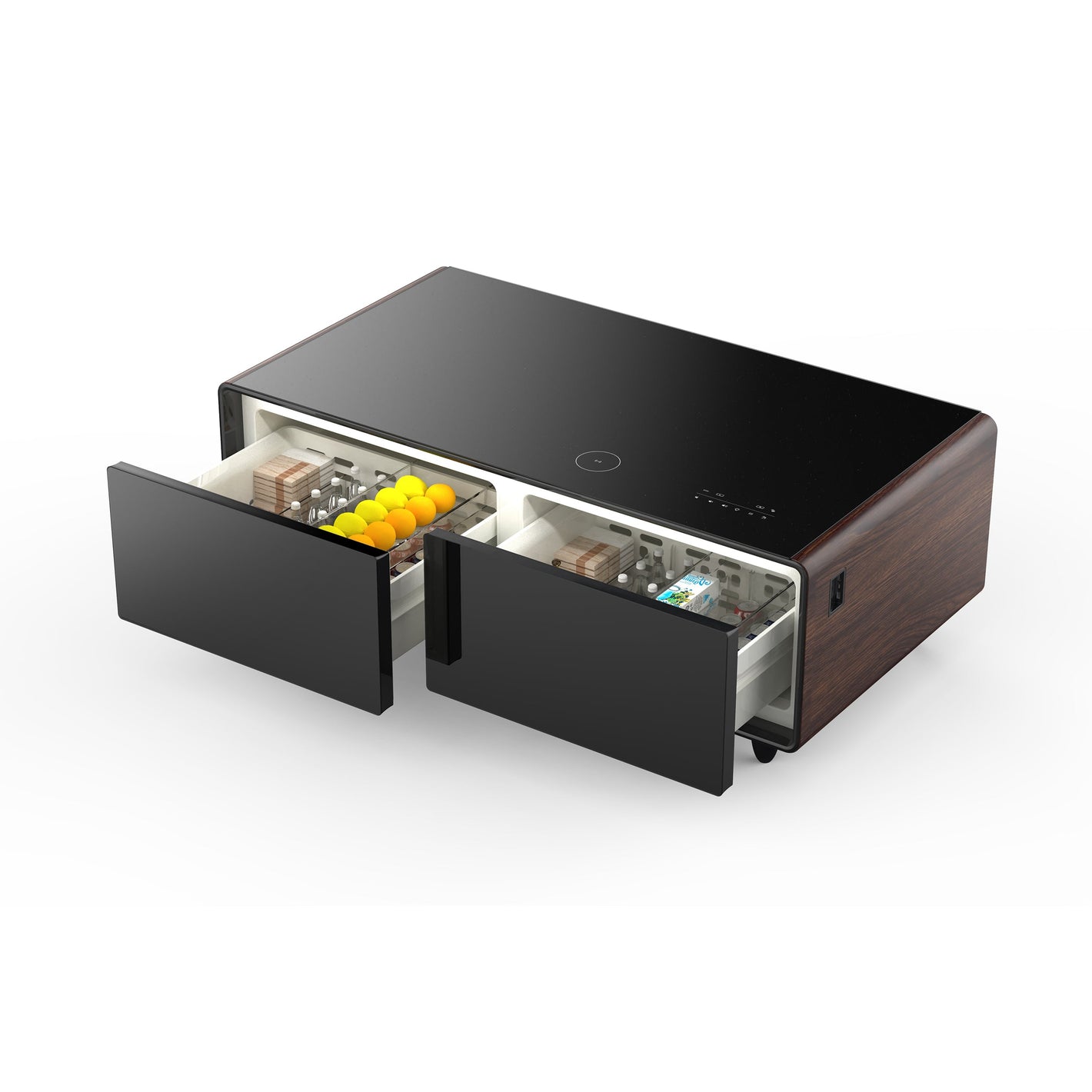 FORNO Evoluto  51" Smart Coffee Table – Dual Fridge Drawers, Bluetooth Audio, Wireless Charging, RGB Light in Black with Wood Accents, FCTFR7006-51WD