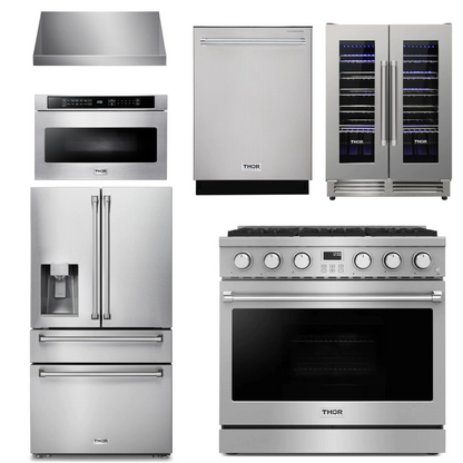 THOR Contemporary Package - 36" Gas Range, Range Hood, Refrigerator, Dishwasher, Microwave and Wine Cooler, AP-ARG36-A142