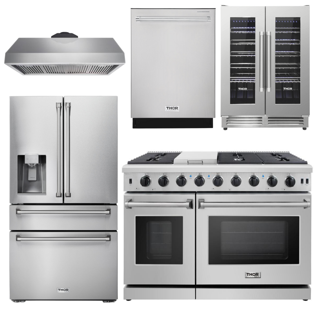THOR Package - 48" Gas Range, Range Hood, Refrigerator with Water and Ice Dispenser, Dishwasher & Wine Cooler, AP-LRG4807U-11