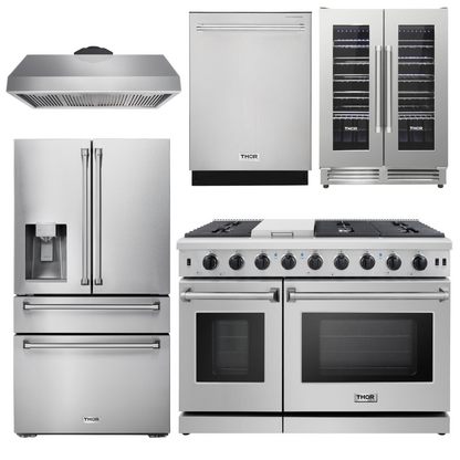 THOR Package - 48" Gas Range, Range Hood, Refrigerator with Water and Ice Dispenser, Dishwasher & Wine Cooler, AP-LRG4807U-11