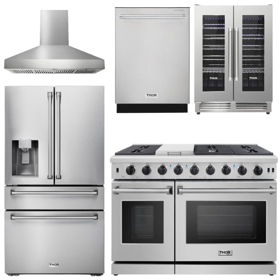 THOR Package - 48" Gas Range, Range Hood, Refrigerator with Water and Ice Dispenser, Dishwasher, Wine Cooler, AP-LRG4807U-W-8