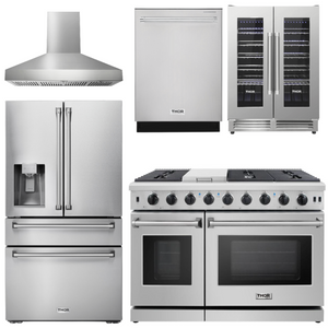 THOR Package - 48" Gas Range, Range Hood, Refrigerator with Water and Ice Dispenser, Dishwasher, Wine Cooler, AP-LRG4807U-W-8