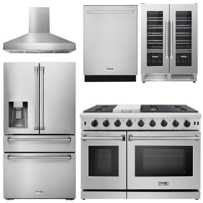 THOR Package - 48" Gas Range, Range Hood, Refrigerator with Water and Ice Dispenser, Dishwasher, Wine Cooler, AP-LRG4807U-W-8