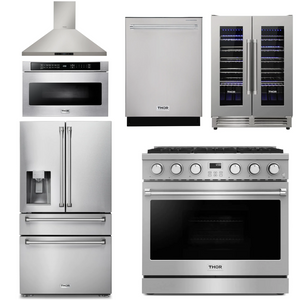 THOR Contemporary Package - 36" Gas Range, Range Hood, Refrigerator, Dishwasher, Microwave and Wine Cooler, AP-ARG36-A142
