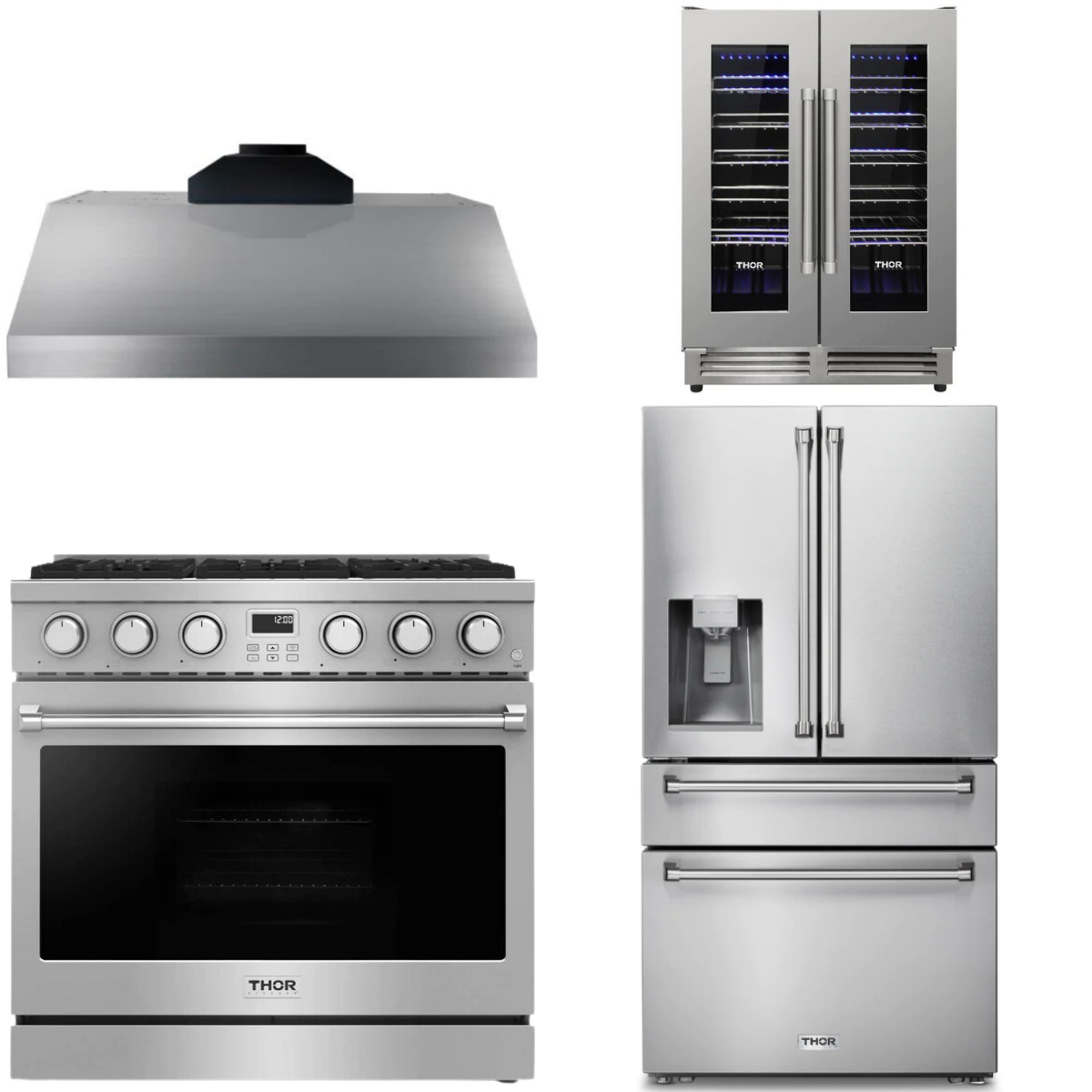 THOR Contemporary Package - 36" Gas Range, Range Hood, Refrigerator and Wine Cooler, AP-ARG36-A71