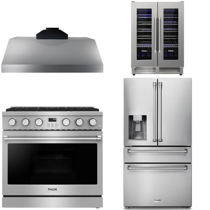 THOR Contemporary Package - 36" Gas Range, Range Hood, Refrigerator and Wine Cooler, AP-ARG36-A71