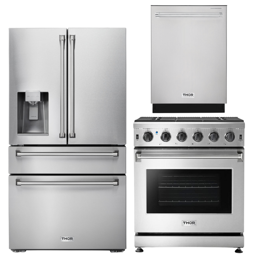 THOR Kitchen 30 in. Natural Gas Range, 36 in. Refrigerator with Water and Ice Dispenser & 24 in. Dishwasher, AP-LRG3001U-9