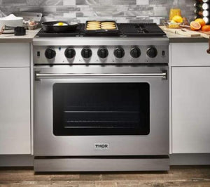 THOR Kitchen Package - 36" Gas Range, Range Hood, Refrigerator with Water and Ice Dispenser, Dishwasher, AP-LRG3601U-W-7