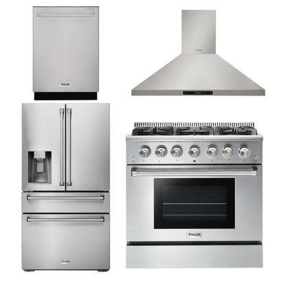 THOR Kitchen Package - 36" Gas Range, Range Hood, Refrigerator with Water and Ice Dispenser, Dishwasher, AP-HRG3618U-10