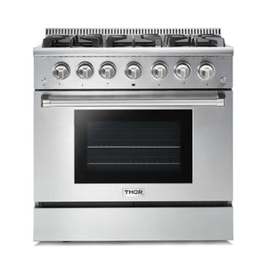 THOR Kitchen Package - 36 In. Natural Gas Burner/Electric Oven Range, Range Hood, Refrigerator, Dishwasher, AP-HRD3606U-W-11