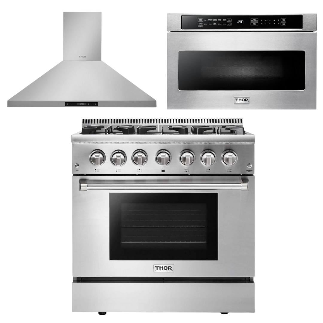 THOR Kitchen Package - 36" Propane Dual Fuel Range, Range Hood, Microwave, AP-HRD3606ULP-5