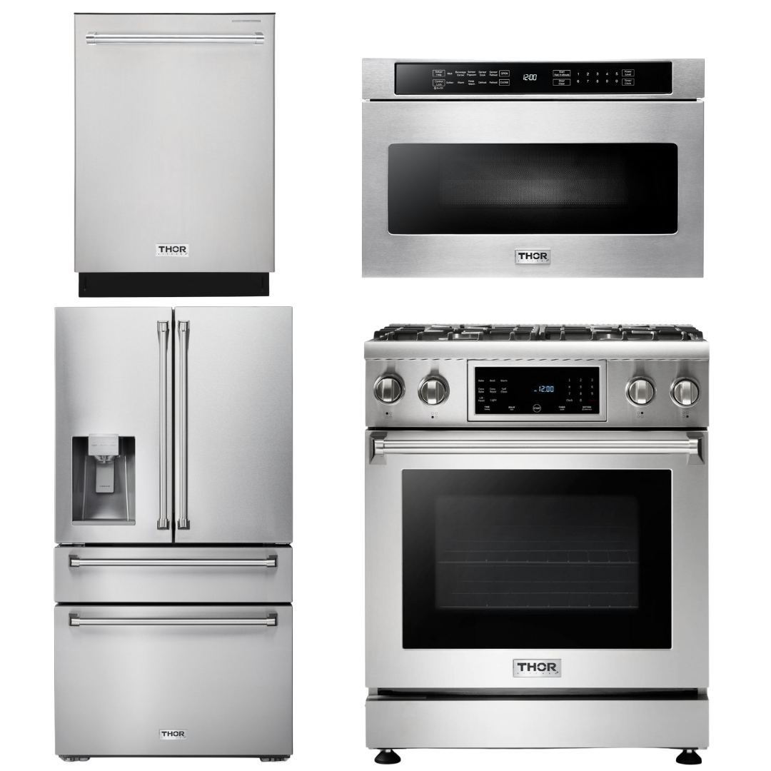 THOR Kitchen Package - 30" Gas Range, Microwave, Refrigerator with Water and Ice Dispenser, Dishwasher, AP-TRG3001-12