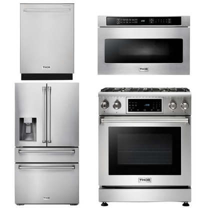 THOR Kitchen Package - 30" Gas Range, Microwave, Refrigerator with Water and Ice Dispenser, Dishwasher, AP-TRG3001-12