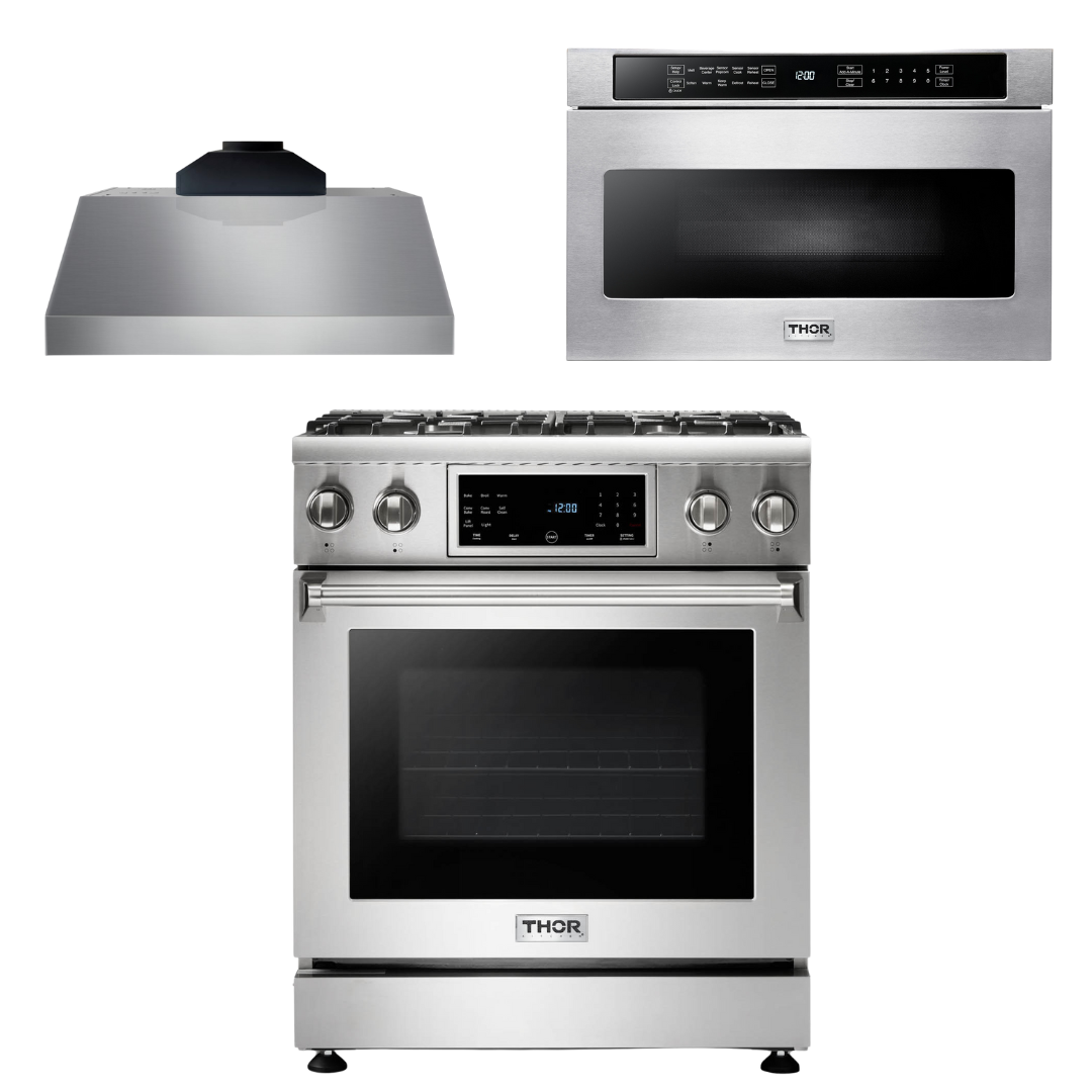 THOR Kitchen Package - 30" Gas Range, Range Hood, Microwave, AP-TRG3001-C-4