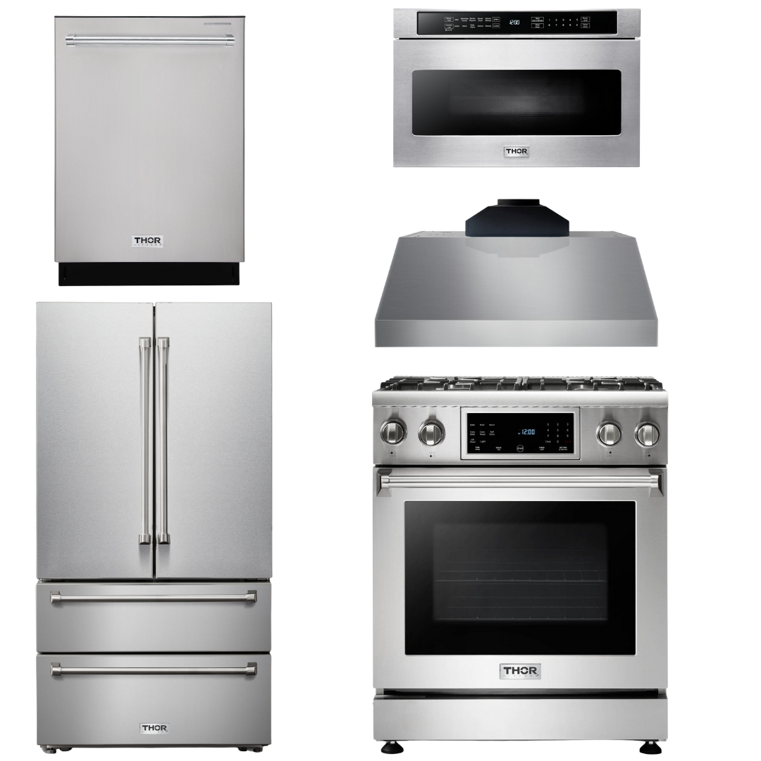 THOR Kitchen Package - 30 In. Gas Range, Range Hood, Microwave Drawer, Refrigerator, Dishwasher, AP-TRG3001LP-C-5