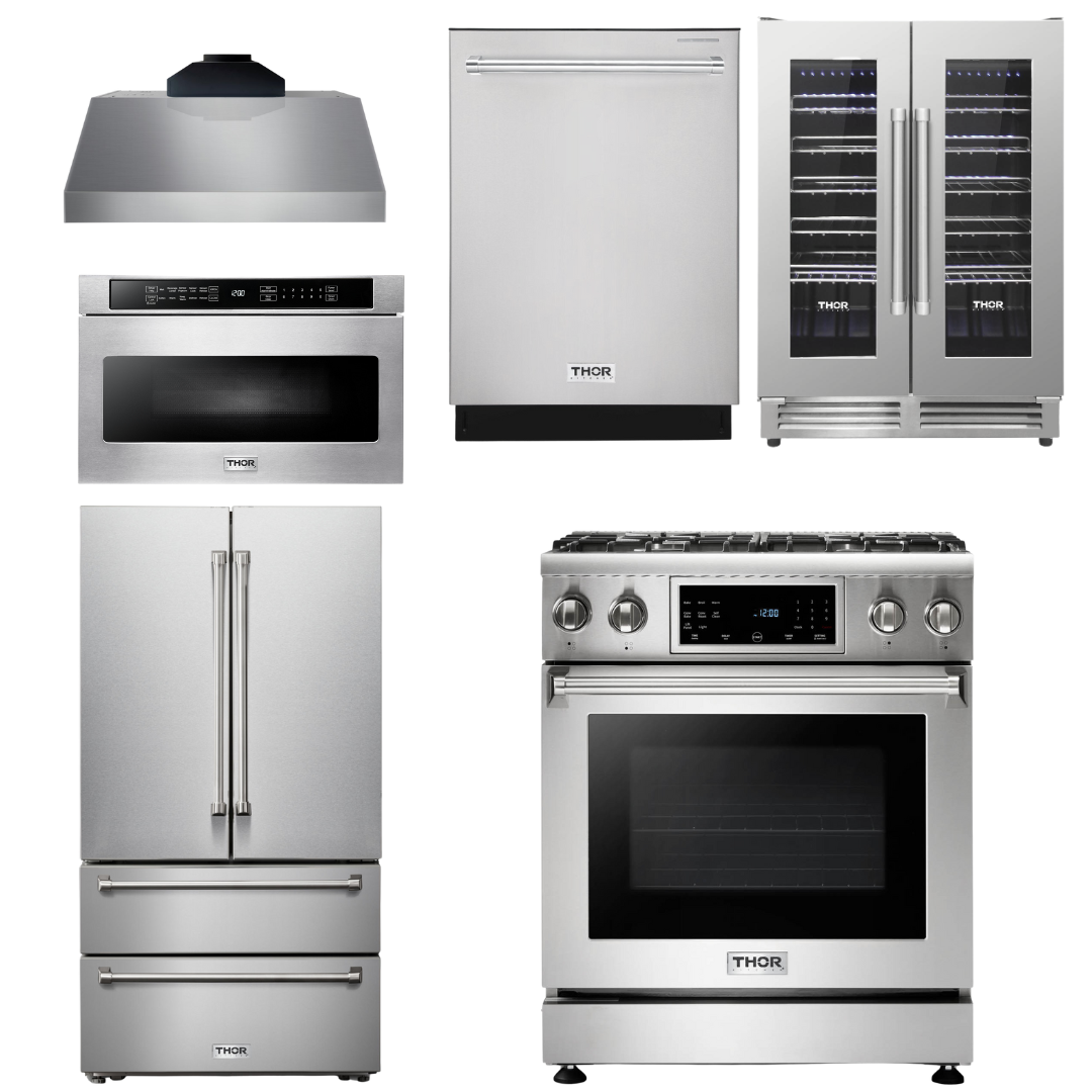 THOR Kitchen Package - 30" Gas Range, Range Hood, Microwave, Refrigerator, Dishwasher, Wine Cooler, AP-TRG3001-C-6