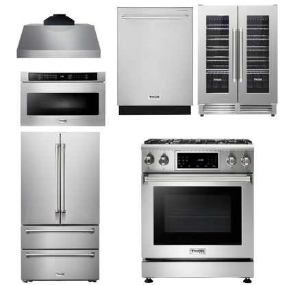 THOR Kitchen Package - 30" Gas Range, Range Hood, Microwave, Refrigerator, Dishwasher, Wine Cooler, AP-TRG3001-C-6