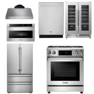 THOR Kitchen Package - 30 In. Gas Range, Range Hood, Microwave Drawer, Refrigerator, Dishwasher, Wine Cooler, AP-TRG3001LP-C-6
