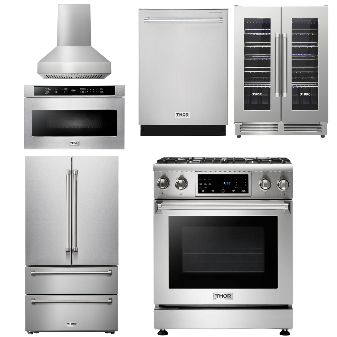 THOR Kitchen Package - 30" Gas Range, Range Hood, Microwave, Refrigerator, Dishwasher, Wine Cooler, AP-TRG3001-W-6