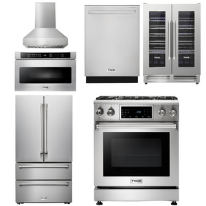 THOR Kitchen Package - 30" Gas Range, Range Hood, Microwave, Refrigerator, Dishwasher, Wine Cooler, AP-TRG3001-W-6
