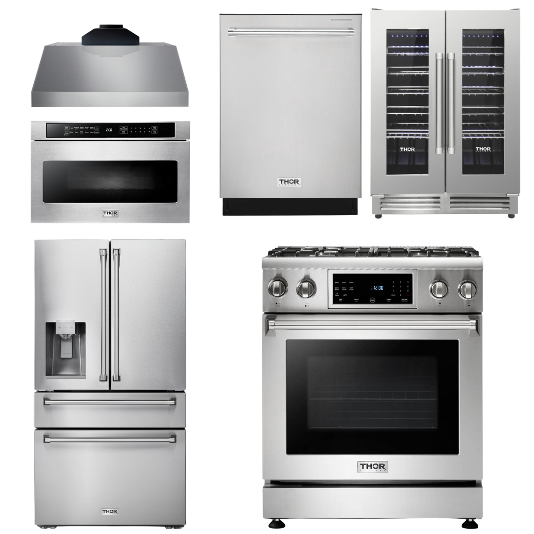 THOR Kitchen Package - 30" Propane Gas Range, Range Hood, Microwave, Refrigerator with Water and Ice Dispenser, Dishwasher, Wine Cooler