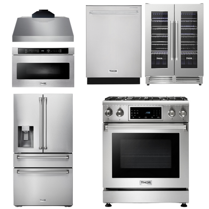 THOR Kitchen Package - 30" Propane Gas Range, Range Hood, Microwave, Refrigerator with Water and Ice Dispenser, Dishwasher, Wine Cooler