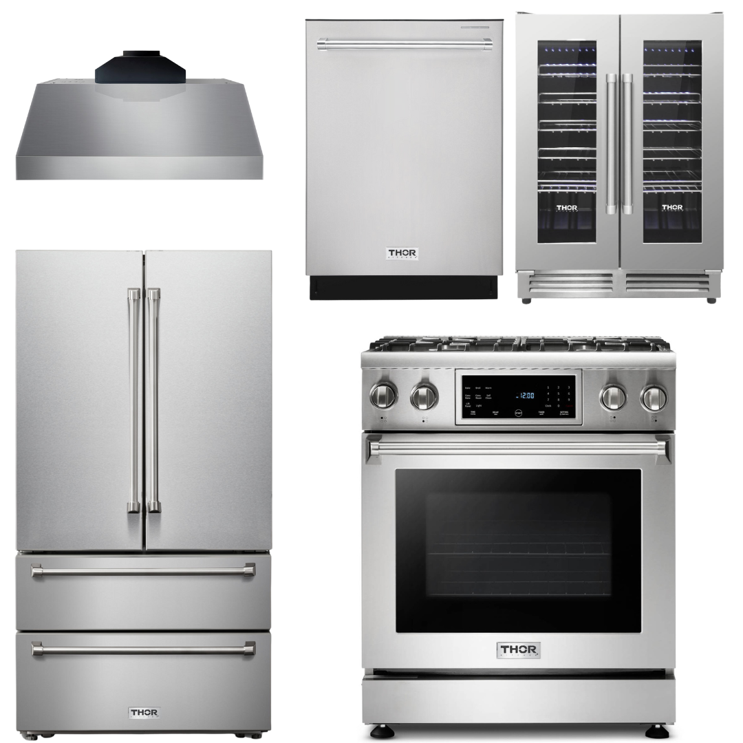 THOR Kitchen Package - 30" Gas Range, Range Hood, Refrigerator, Dishwasher, Wine Cooler, AP-TRG3001-C-3