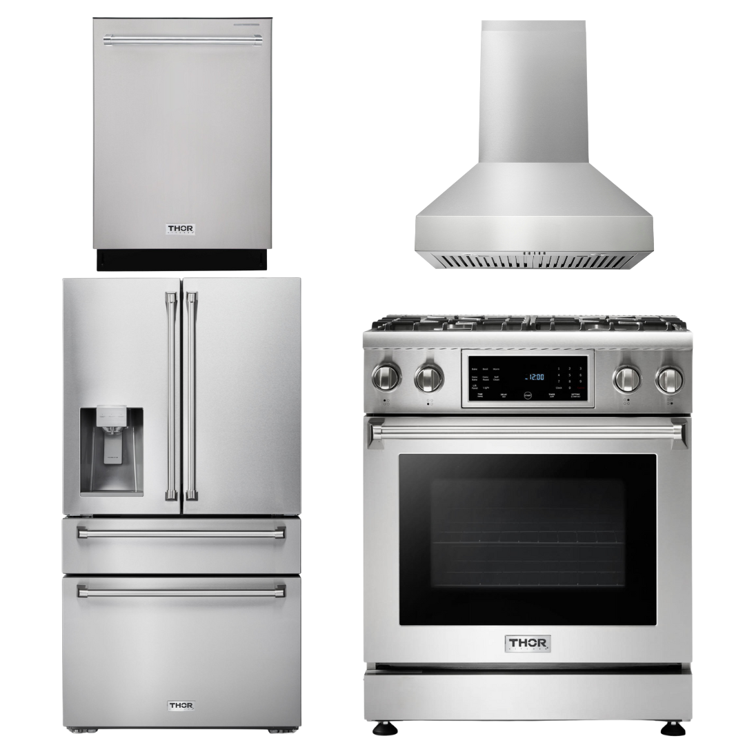 THOR Kitchen Package - 30 In. Propane Gas Range, Range Hood, Refrigerator with Water and Ice Dispenser, Dishwasher, AP-TRG3001LP-W-7