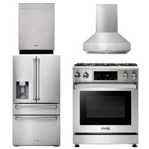 THOR Kitchen Package - 30 In. Propane Gas Range, Range Hood, Refrigerator with Water and Ice Dispenser, Dishwasher, AP-TRG3001LP-W-7