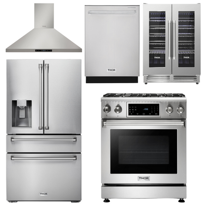 THOR Kitchen Package - 30" Gas Range, Range Hood, Refrigerator with Water and Ice Dispenser, Dishwasher, Wine Cooler, AP-TRG3001-11