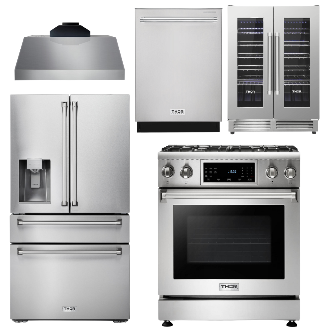 THOR Kitchen Package - 30 In. Propane Gas Range, Range Hood, Refrigerator with Water and Ice Dispenser, Dishwasher, Wine Cooler, AP-TRG3001LP-C-8