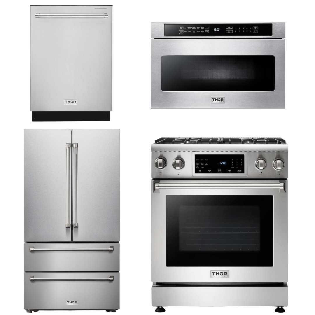 THOR Kitchen Package - 30" Gas Range, Microwave, Refrigerator, Dishwasher, AP-TRG3001-6