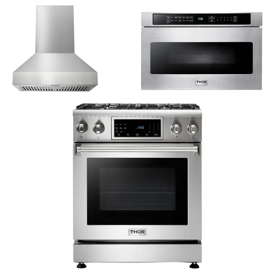 THOR Kitchen Package - 30" Gas Range, Range Hood, Microwave, AP-TRG3001-W-4