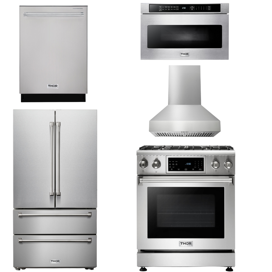 THOR Kitchen Package - 30" Gas Range, Range Hood, Microwave, Refrigerator, Dishwasher, AP-TRG3001-W-5