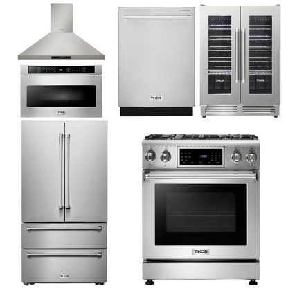 THOR Kitchen Package - 30" Gas Range, Range Hood, Microwave, Refrigerator, Dishwasher, Wine Cooler, AP-TRG3001-8