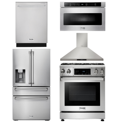 THOR Kitchen Package - 30" Gas Range, Range Hood, Microwave, Refrigerator with Water and Ice Dispenser, Dishwasher, AP-TRG3001-13