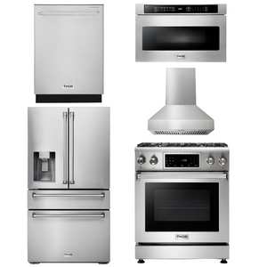 THOR Kitchen Package - 30 In. Propane Gas Range, Range Hood, Microwave Drawer, Refrigerator with Water and Ice Dispenser, Dishwasher, AP-TRG3001LP-W-9