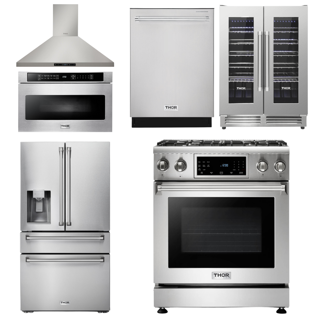 THOR Kitchen Package - 30" Gas Range, Range Hood, Microwave, Refrigerator with Water and Ice Dispenser, Dishwasher, Wine Cooler, AP-TRG3001-14