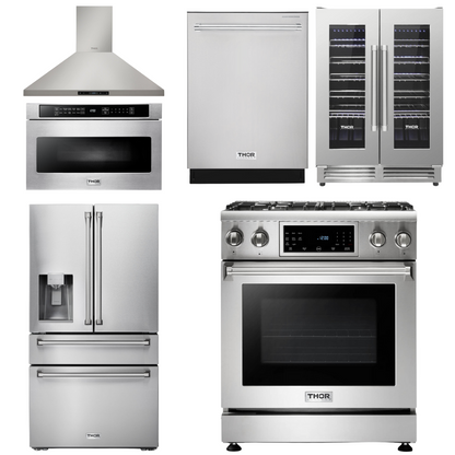 THOR Kitchen Package - 30" Gas Range, Range Hood, Microwave, Refrigerator with Water and Ice Dispenser, Dishwasher, Wine Cooler, AP-TRG3001-14