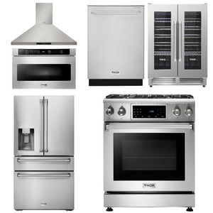 THOR Kitchen Package - 30" Propane Gas Range, Range Hood, Microwave, Refrigerator, Dishwasher, Wine Cooler