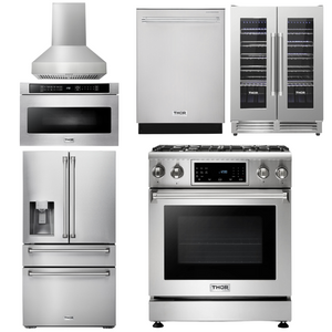 THOR Kitchen Package - 30" Gas Range, Hood, Microwave, Refrigerator with Water and Ice Dispenser, Dishwasher, Wine Cooler