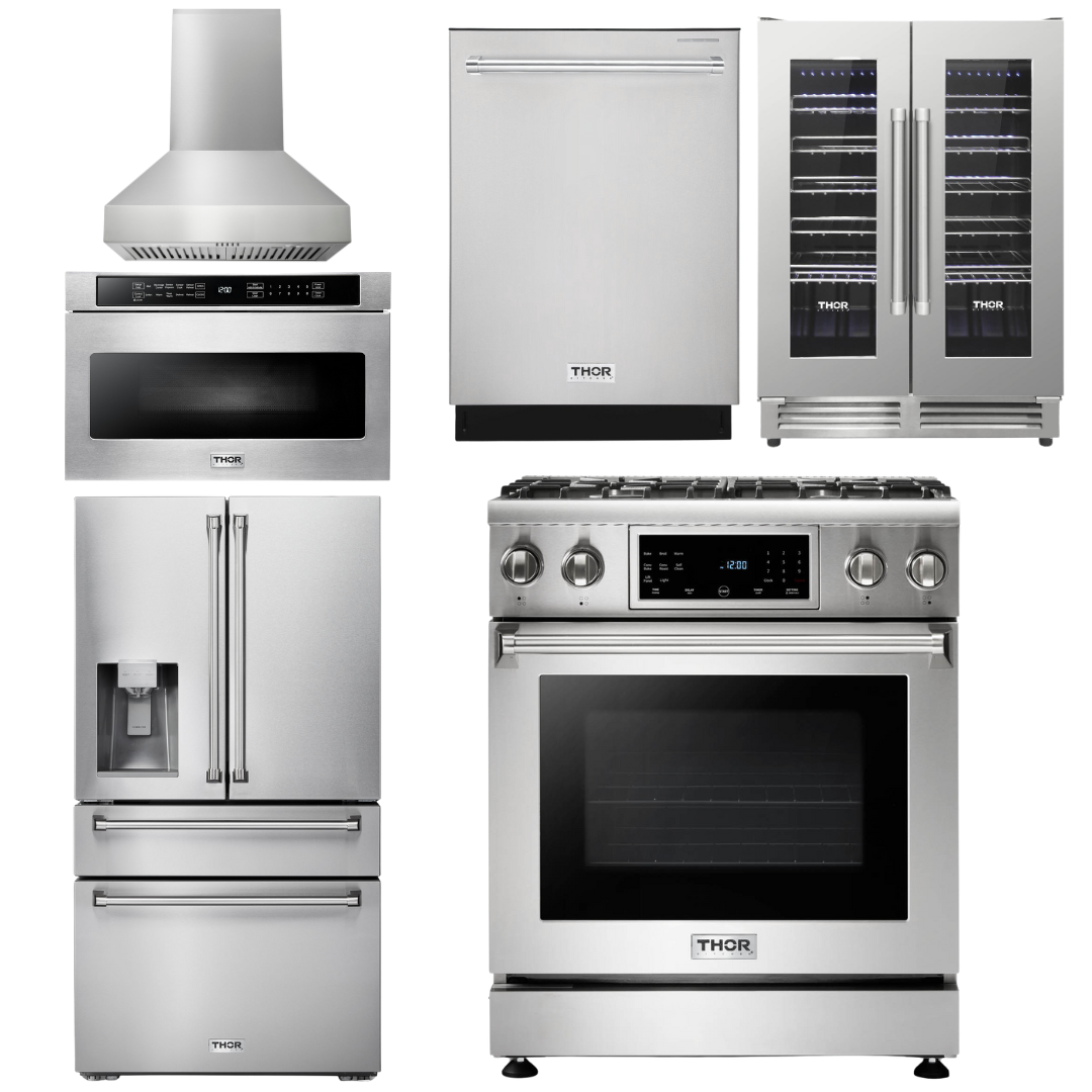 THOR Package - 30" Gas Range, Range Hood, Microwave, Refrigerator with Water & Ice Dispenser, Dishwasher, Wine Cooler