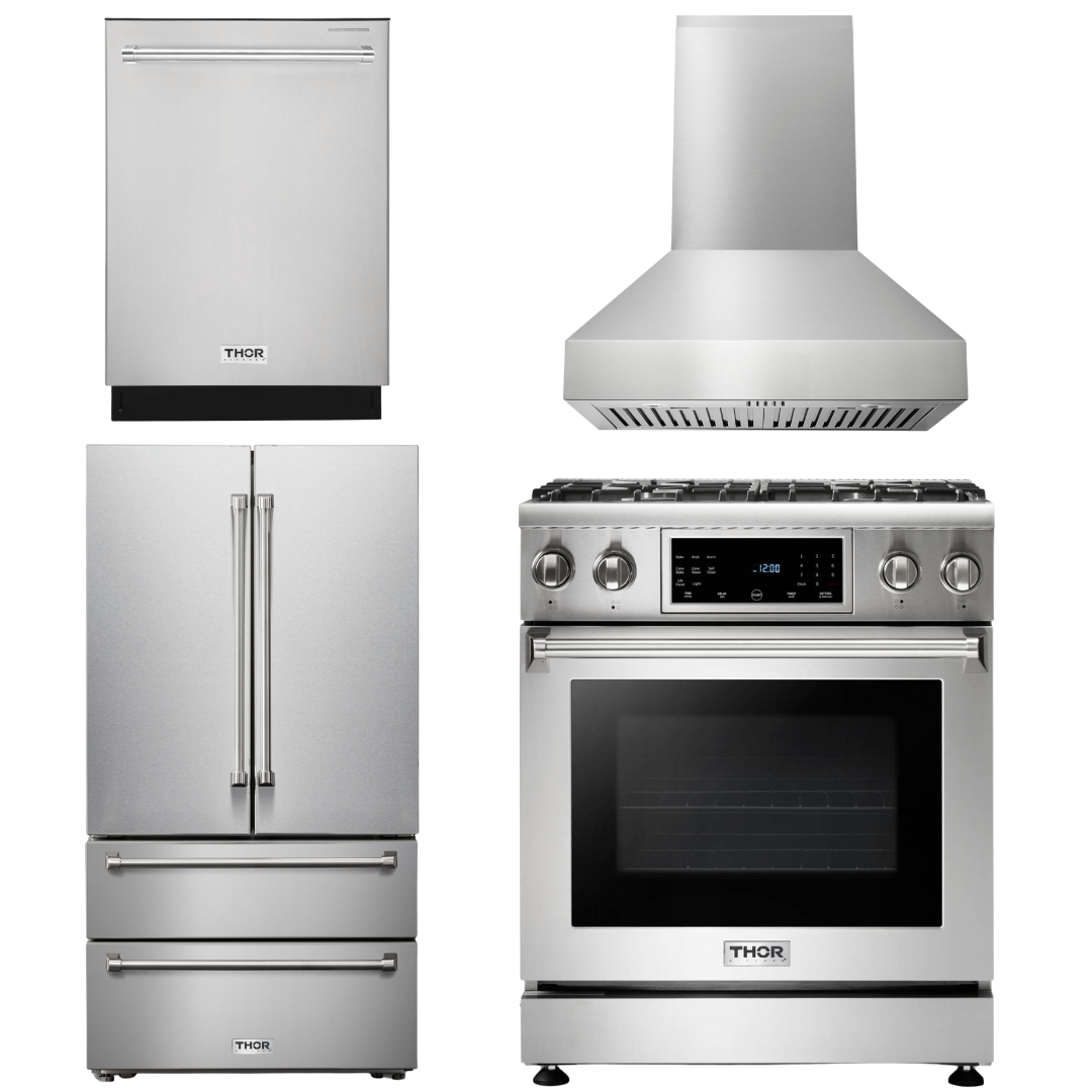 THOR Kitchen Package - 30" Gas Range, Range Hood, Refrigerator, Dishwasher, AP-TRG3001-W-2