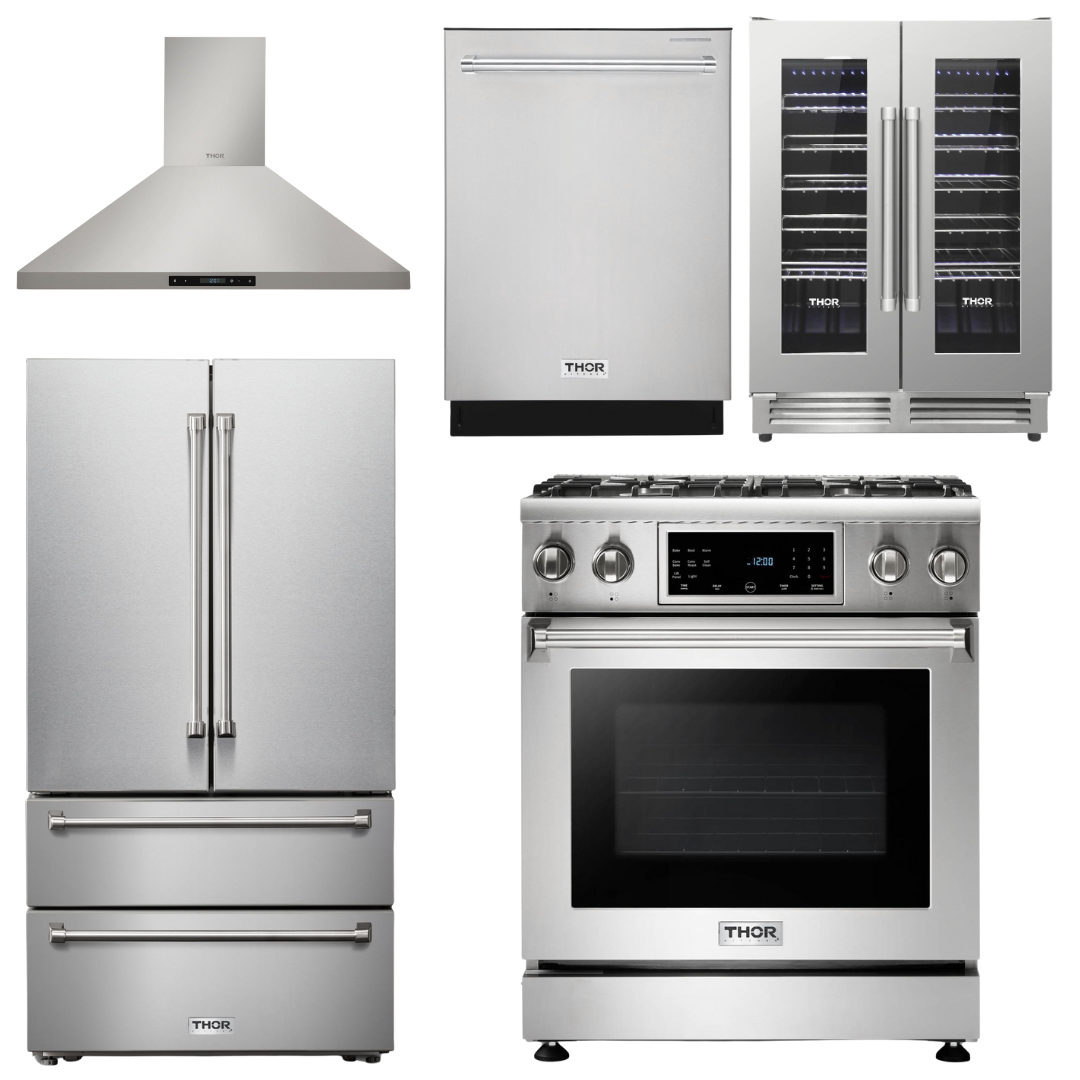 THOR Kitchen Package - 30" Gas Range, Range Hood, Refrigerator, Dishwasher, Wine Cooler, AP-TRG3001-4