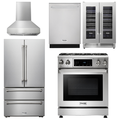 THOR Kitchen Package - 30" Gas Range, Range Hood, Refrigerator, Dishwasher, Wine Cooler, AP-TRG3001-W-3